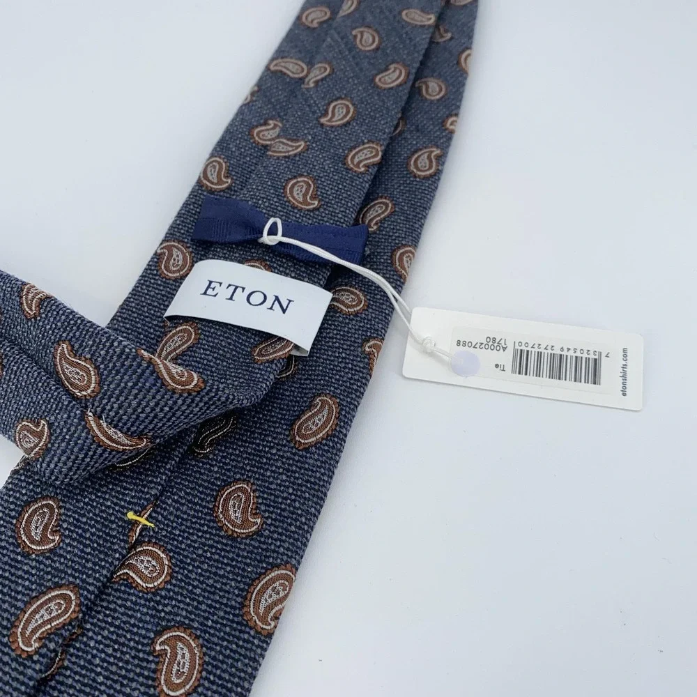 Eton Tie Mens Blue Brown Paisley Silk Wool Made In Italy Classic Necktie